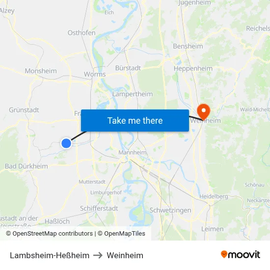 Lambsheim-Heßheim to Weinheim map