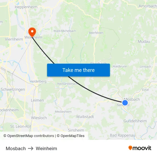 Mosbach to Weinheim map