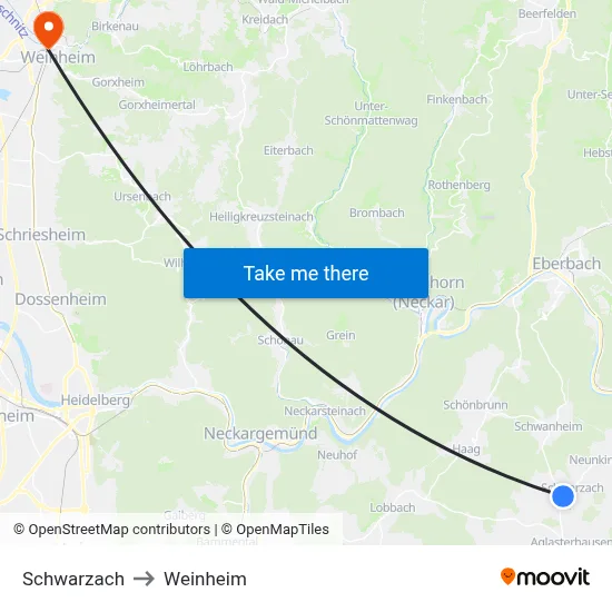 Schwarzach to Weinheim map