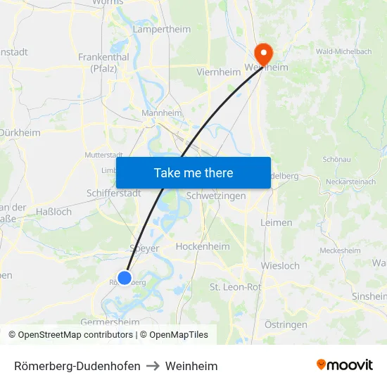 Römerberg-Dudenhofen to Weinheim map