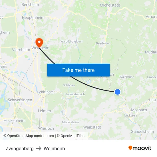 Zwingenberg to Weinheim map