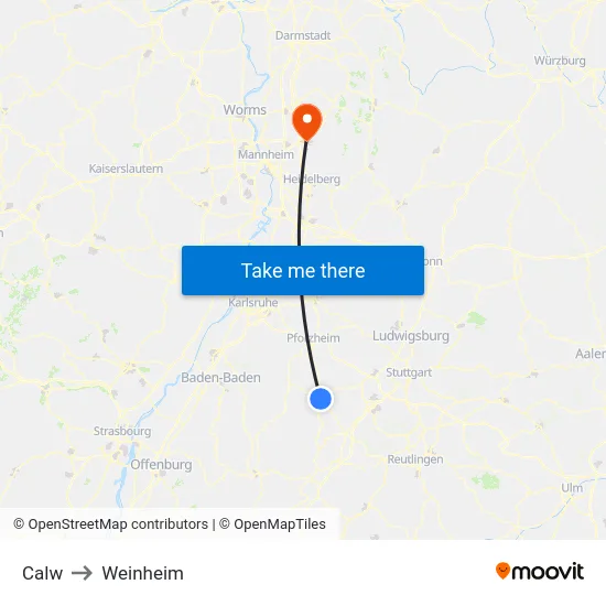 Calw to Weinheim map