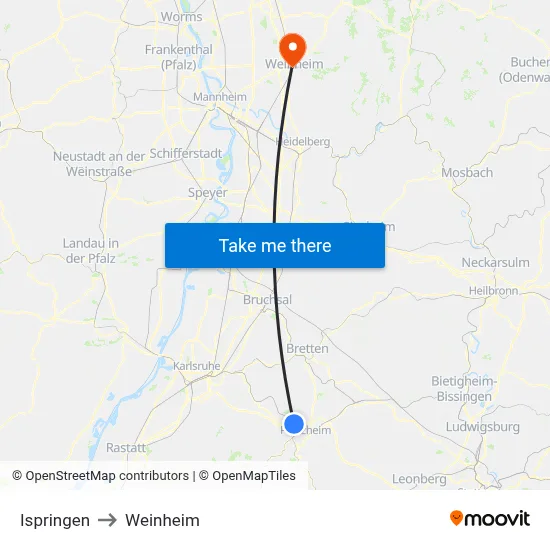 Ispringen to Weinheim map