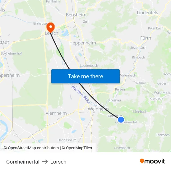 Gorxheimertal to Lorsch map