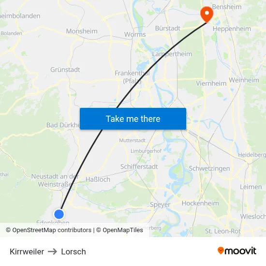 Kirrweiler to Lorsch map