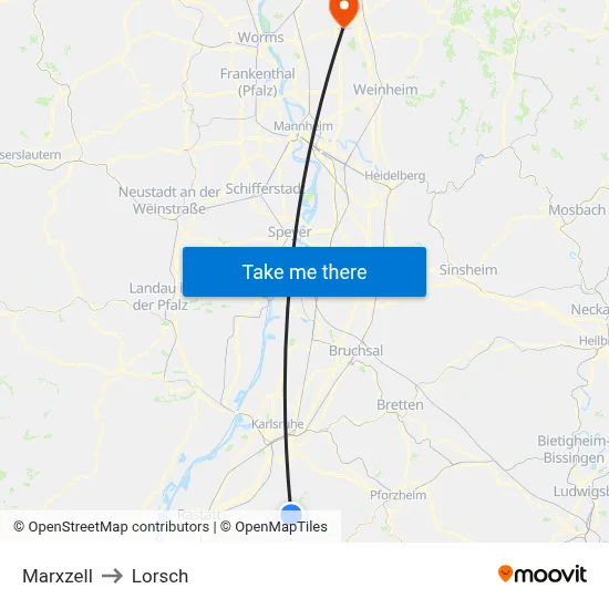 Marxzell to Lorsch map