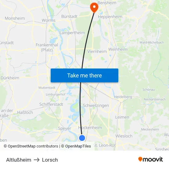 Altlußheim to Lorsch map