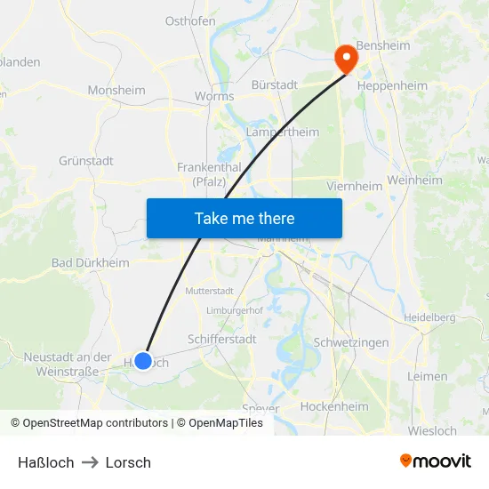 Haßloch to Lorsch map
