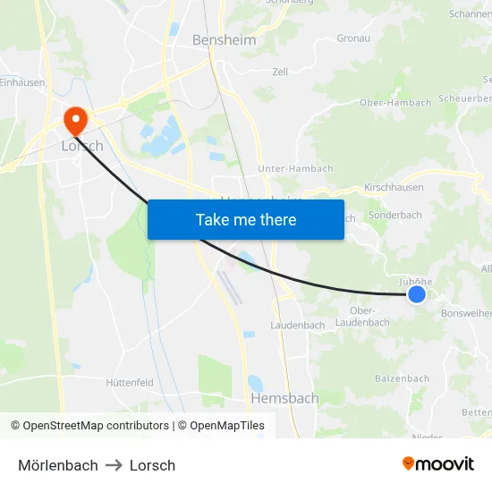 Mörlenbach to Lorsch map