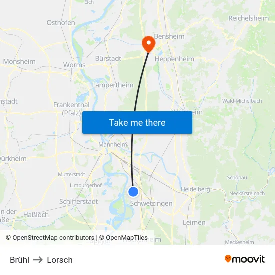 Brühl to Lorsch map