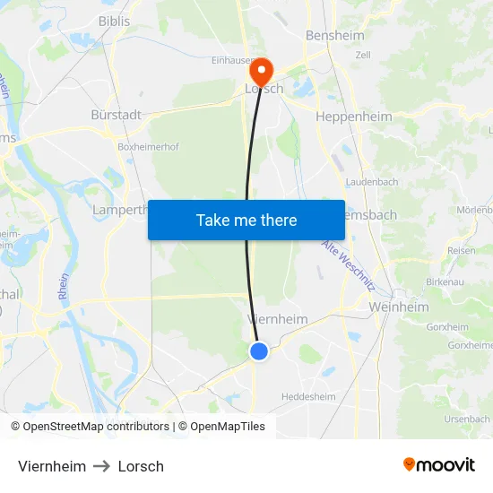 Viernheim to Lorsch map