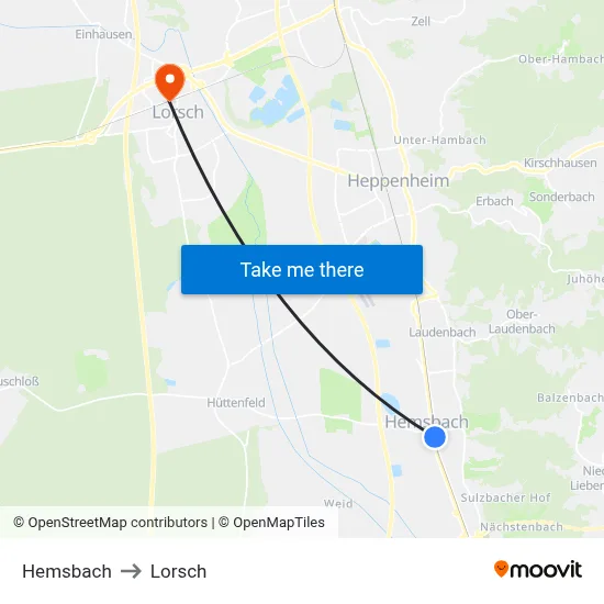 Hemsbach to Lorsch map
