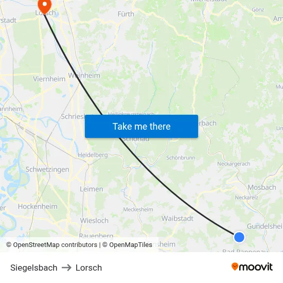 Siegelsbach to Lorsch map