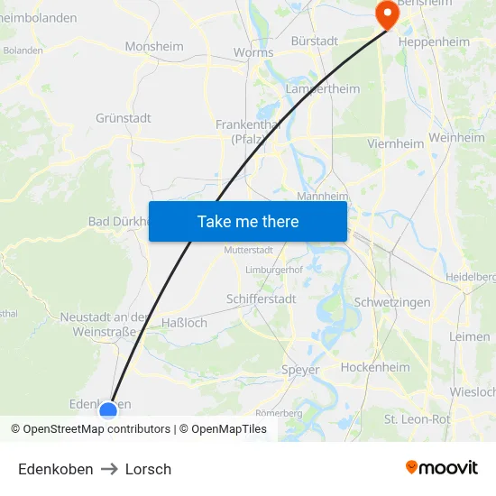 Edenkoben to Lorsch map