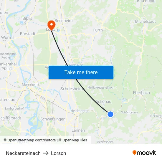 Neckarsteinach to Lorsch map
