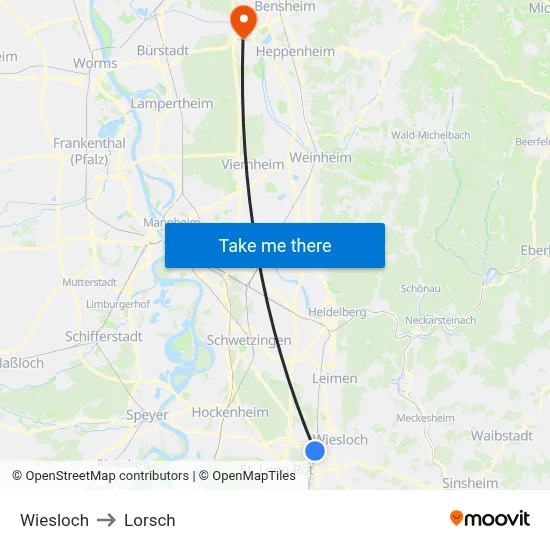 Wiesloch to Lorsch map