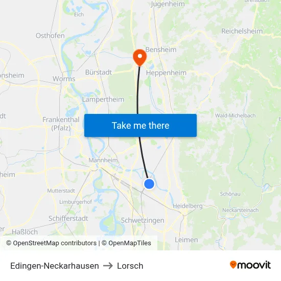 Edingen-Neckarhausen to Lorsch map