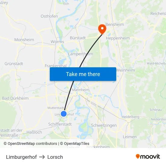 Limburgerhof to Lorsch map