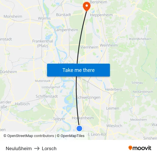 Neulußheim to Lorsch map