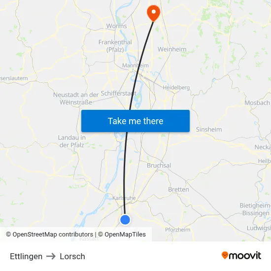 Ettlingen to Lorsch map