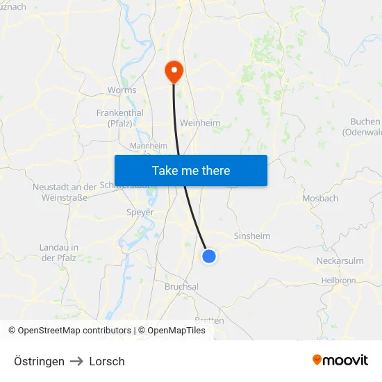 Östringen to Lorsch map