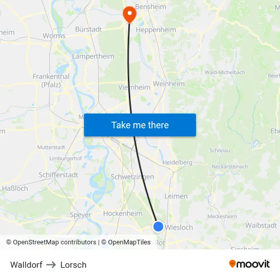 Walldorf to Lorsch map