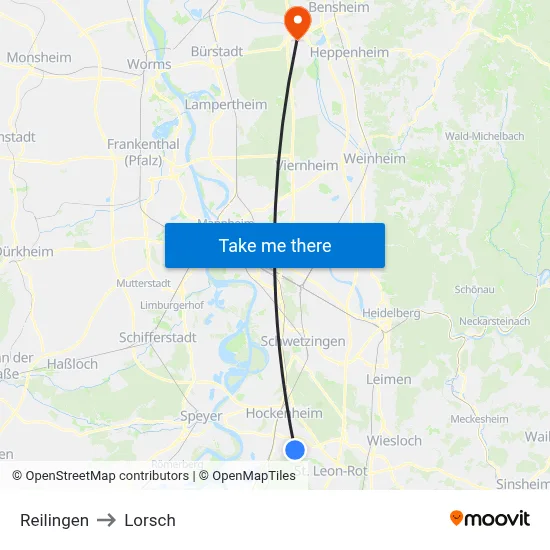 Reilingen to Lorsch map