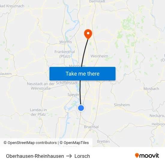 Oberhausen-Rheinhausen to Lorsch map