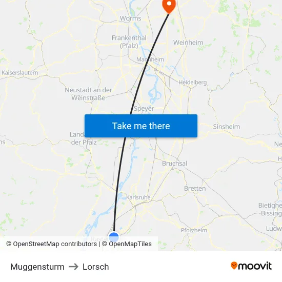 Muggensturm to Lorsch map
