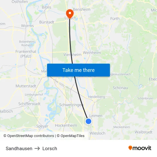 Sandhausen to Lorsch map