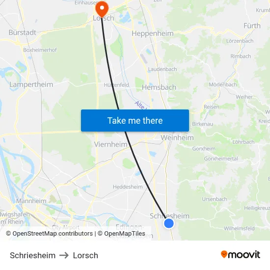 Schriesheim to Lorsch map