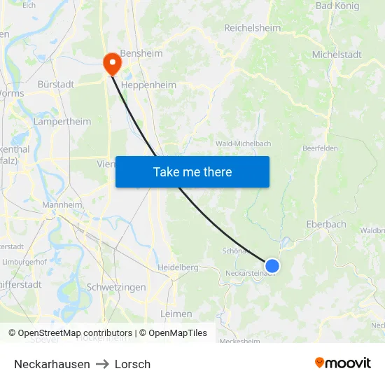 Neckarhausen to Lorsch map