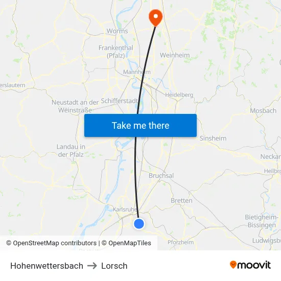 Hohenwettersbach to Lorsch map
