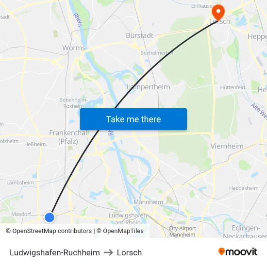 Ludwigshafen-Ruchheim to Lorsch map