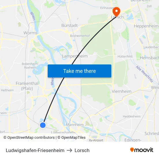 Ludwigshafen-Friesenheim to Lorsch map