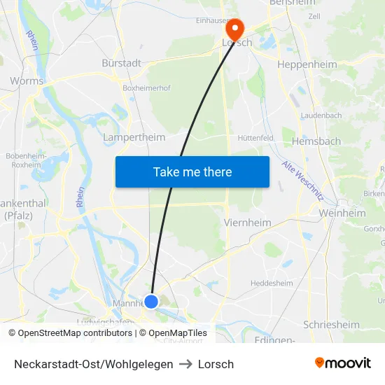 Neckarstadt-Ost/Wohlgelegen to Lorsch map