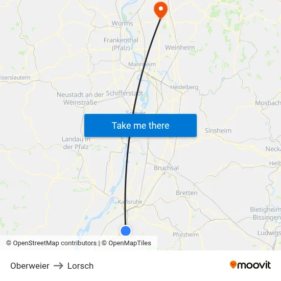 Oberweier to Lorsch map