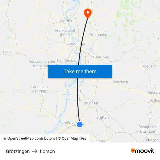 Grötzingen to Lorsch map