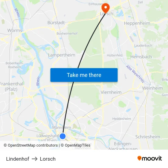 Lindenhof to Lorsch map