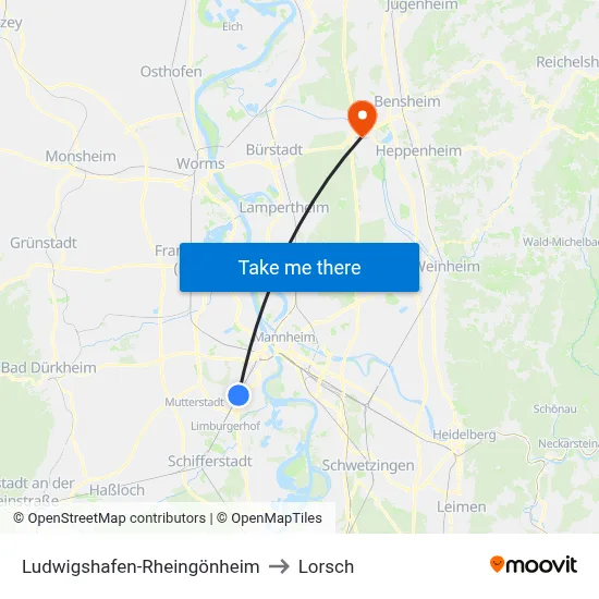 Ludwigshafen-Rheingönheim to Lorsch map