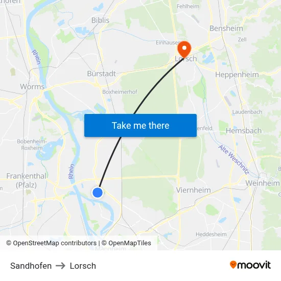 Sandhofen to Lorsch map