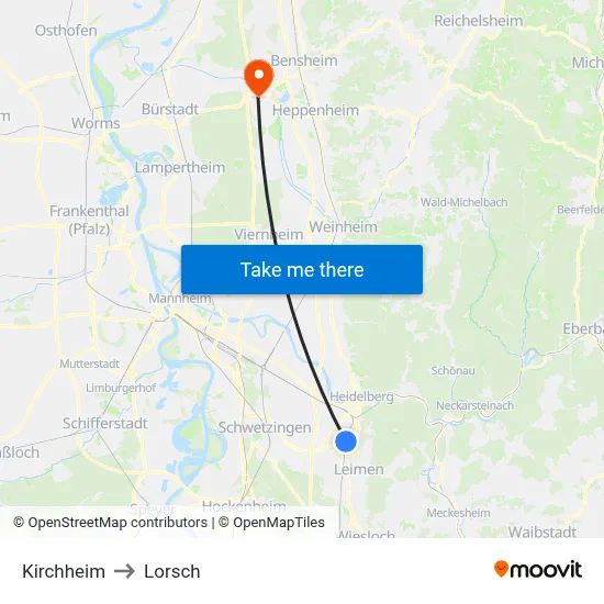 Kirchheim to Lorsch map