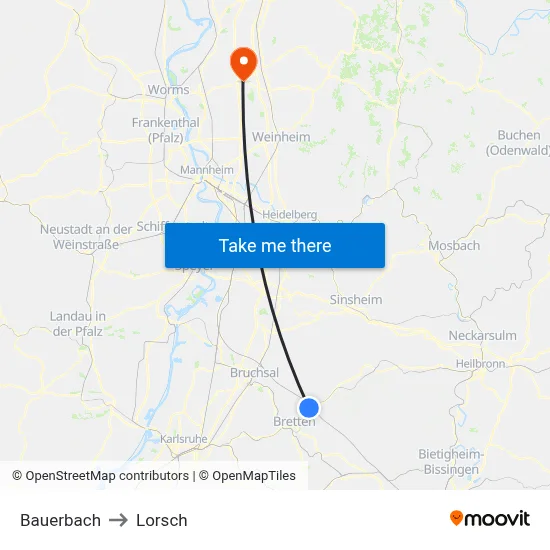 Bauerbach to Lorsch map