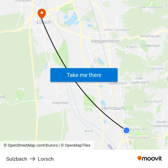 Sulzbach to Lorsch map