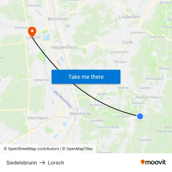 Siedelsbrunn to Lorsch map