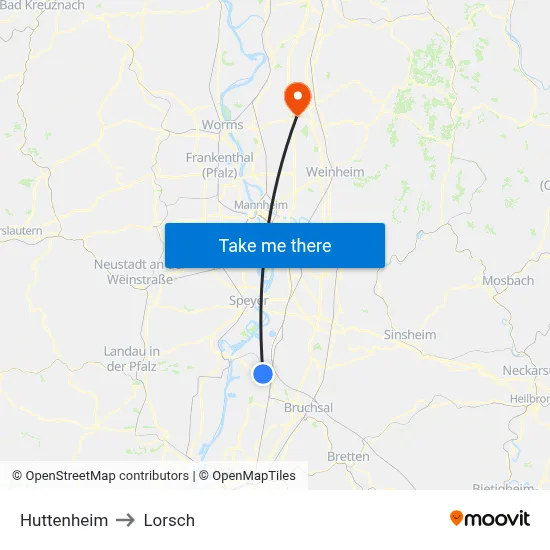 Huttenheim to Lorsch map