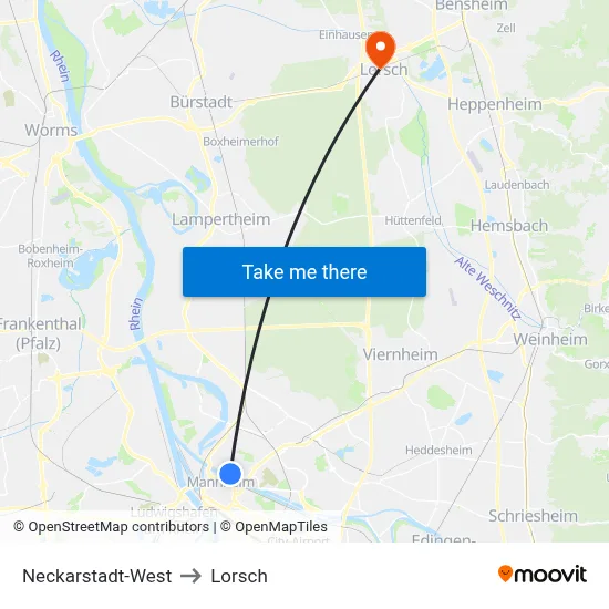Neckarstadt-West to Lorsch map