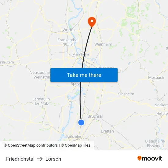Friedrichstal to Lorsch map