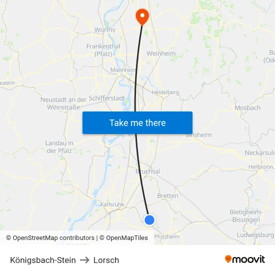 Königsbach-Stein to Lorsch map