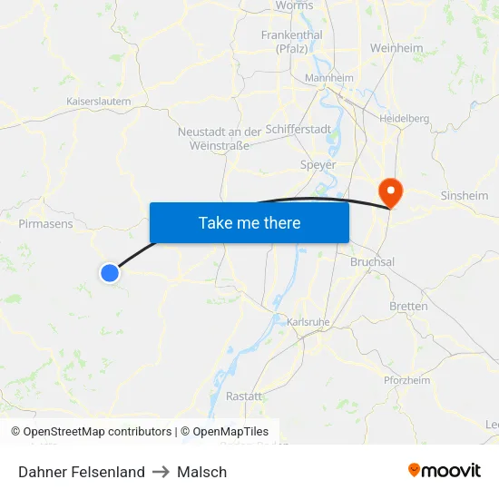 Dahner Felsenland to Malsch map